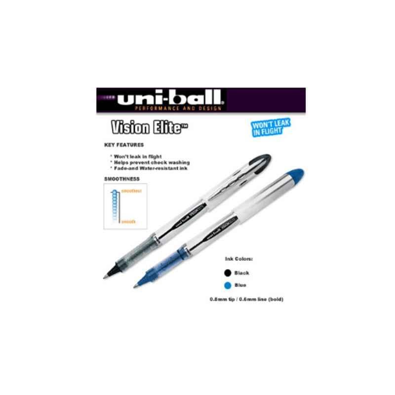 Uniball Vision Elite 12 Pcs 0.8mm Blue & Black Roller Pen Set, NDS-M-0013