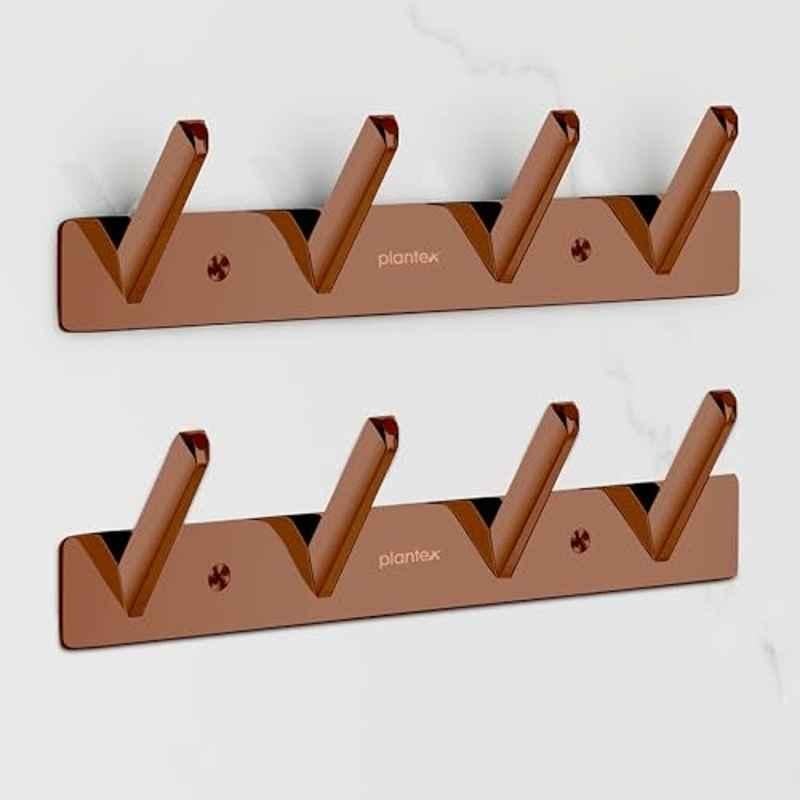 Plantex Wall Hooks for Hanging Cloth/Stainless Steel Towel Hangers/Bathroom Robe Hooks/Door Hangers/Square Wall Hook/Hook Rail for Hanging Keys 4 Hooks (Pack of 2), PVD Rose Gold