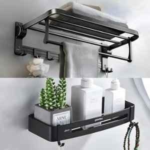 Plantex Aluminium Black Powder Coated Finish Towel Rack & Bathroom Shelf Combo