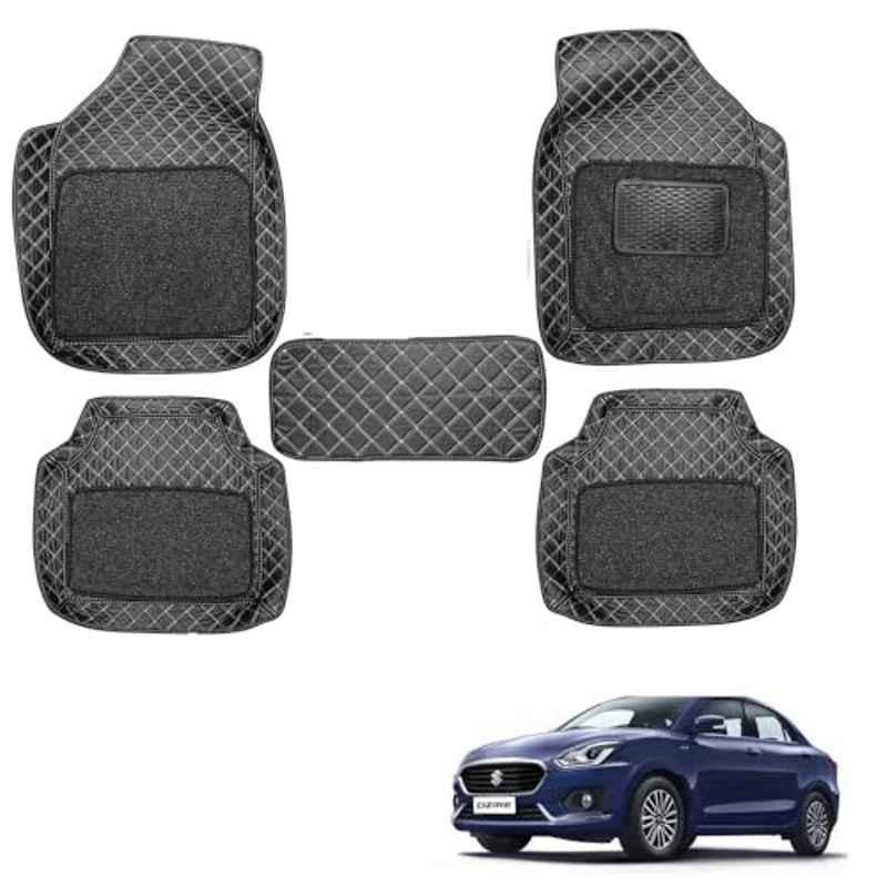 Kozdiko 5 Pcs Waterproof & Luxury 7D Black Leatherette Car Floor Mat Set for Maruti Suzuki Dzire 2017-Present