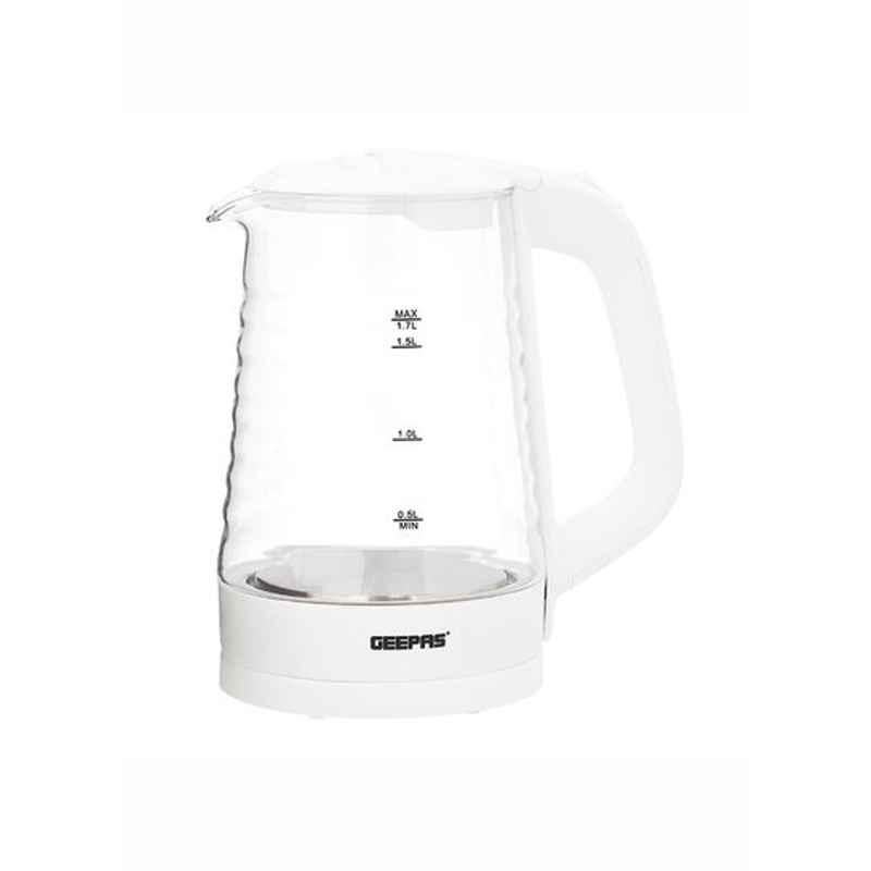 Geepas 1.7L 2200W Stainless Steel White & Clear Electric Glass Kettle, GK9902N