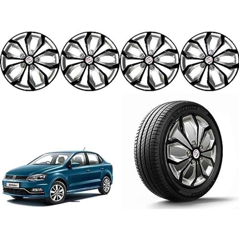 Auto Pearl 4 Pcs 14 inch Polypropylene Black & Silver Press Type Car Wheel Cover Set with Retention Ring for Volkswagen Ameo, 14WC_Pearl_Rev_Ameo