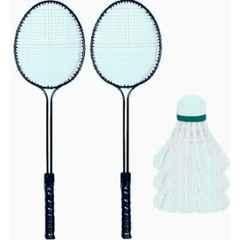 STYRKR 2PC Black Double Shaft Racket with 3 Pc Feather Shuttle Branded Badminton Kit