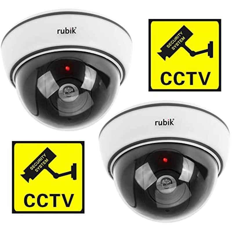 Rubik 2Pcs White Dummy CCTV Camera with Flashing LED Light and CCTV Sticker Sign  Set