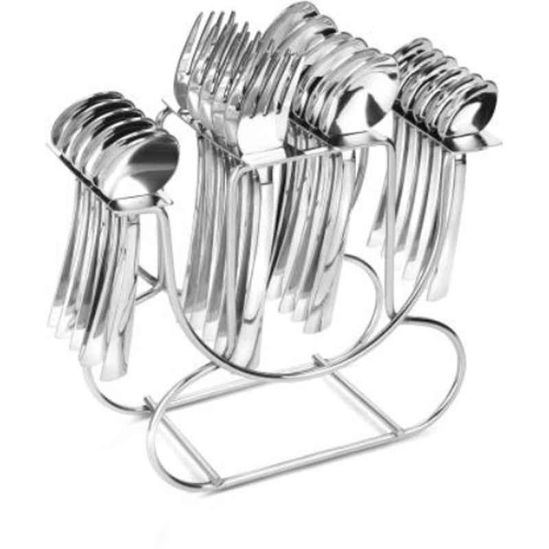 Classic Essentials CE-24 25 Pcs Silver Stainless Steel Glossy Finish Spoon & Fork Rack Holder Cutlery Set with Stand