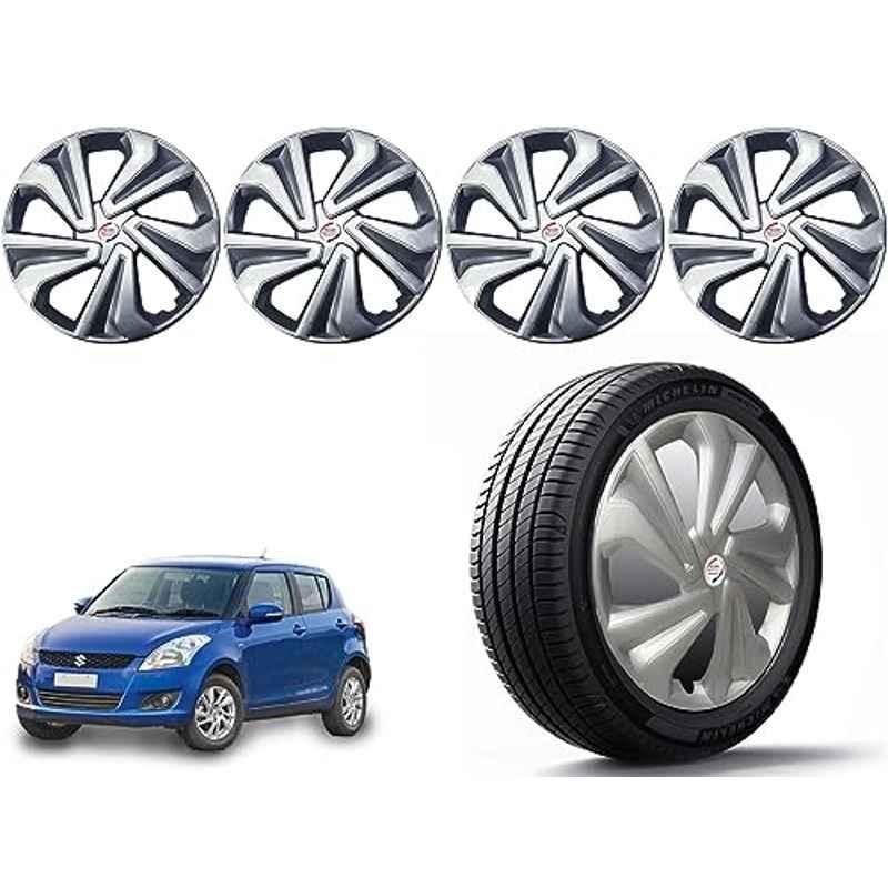 Auto Pearl 4 Pcs 14 inch Polypropylene Silver Press Type Car Wheel Cover Set with Retention Ring for Maruti Suzuki Swift 2011-2014