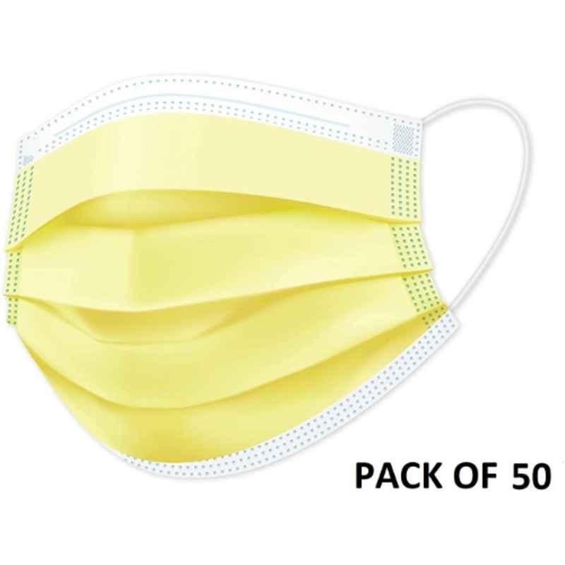 Wellstar 3 Layer Yellow Surgical Face Mask with Genuine Meltblown & Adjustable Nose Clip, COURFUL MASK-36 (Pack of 50)
