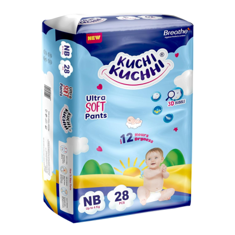 Kuchi Kuchhi 28 Pcs 0-4kg White New Born Ultra Soft Baby Diaper Pant with 3D Bubble Top, KKNB28