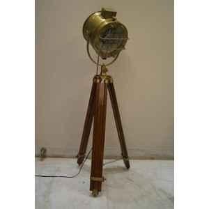 Tucasa Mango Wood Brown Tripod Spot Light Floor Lamp with Antique Brass Shade, P-96