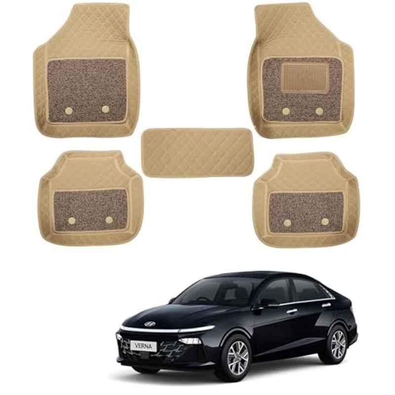 Kozdiko 5 Pcs Waterproof & Luxury 7D Beige Leatherette Car Floor Mats Set for Hyundai Verna 2023