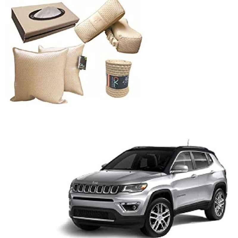 Kozdiko 2 Pcs Cushion Pillow, 2 Pcs Neck Rest, Tissue Box & Steering Beige Car Cover Combo for Jeep Compass