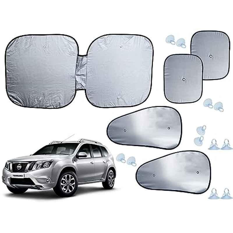 Auto Pearl 5 Pcs Polyester Black & Silver Window & Front Sun Shade Set for Nissan Terrano