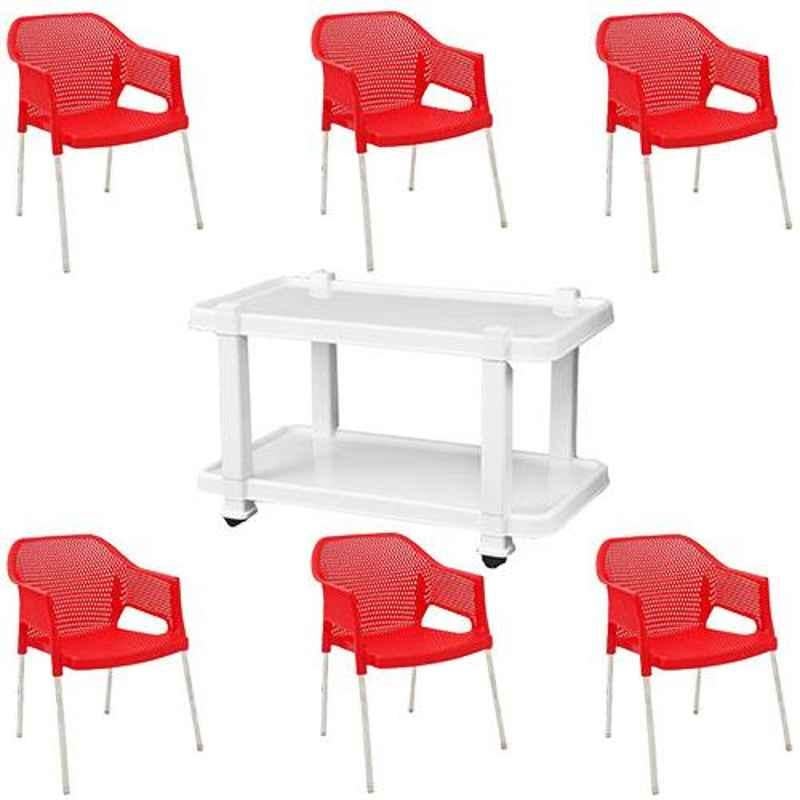 Italica 6 Pcs Polypropylene Red Plasteel Arm Chair & White Table with Wheels Set, 1209-6/9509