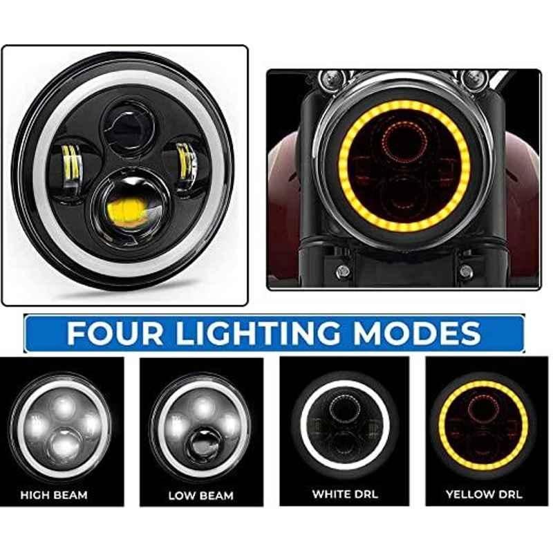 AOW 7 Inch 6 LED Headlight Dual Color DRL Ring Universal for All Royal Enfield Models, Mahindra Thar Jeep (White and Amber, Single Unit) H-10