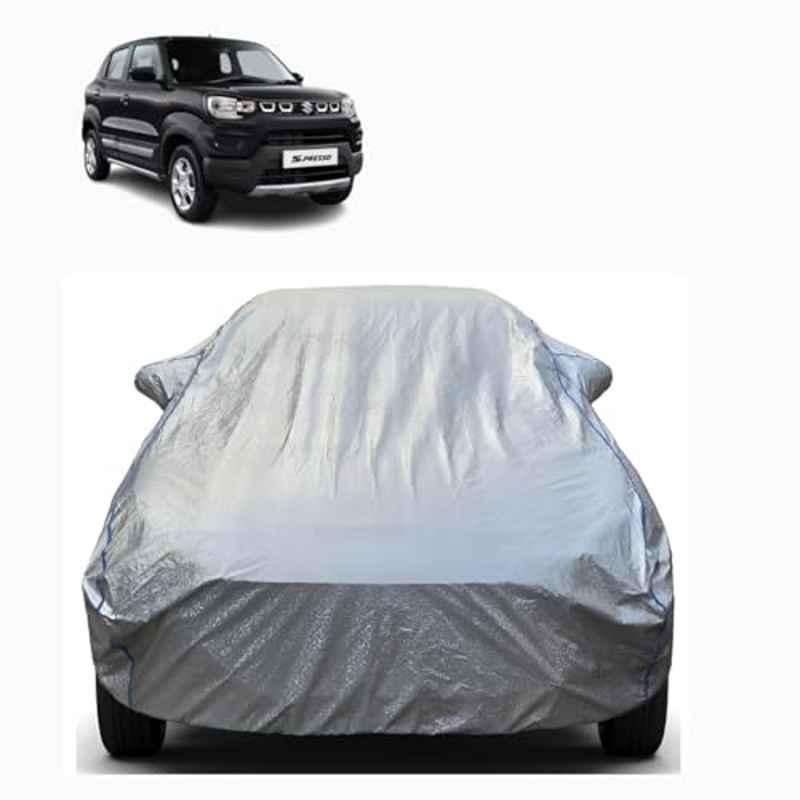 Aarex Auto Polyester Silver Car Cover with Mirror Pocket, Soft Cotton Magic Triple Stitch, Adjustable Buckle, UV & Dust Proof for Maruti Suzuki S-Presso 2015-2026 Model, SW-2-Silver