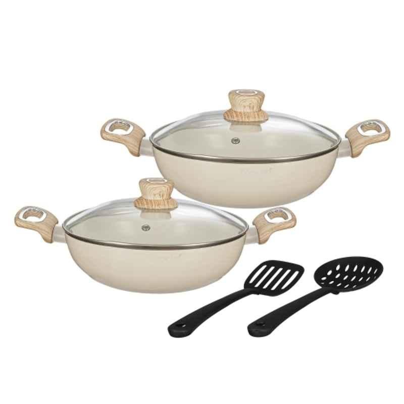 Cookaid Velora 2 Pcs 2 & 2.5 Litre Aluminium Cream Ceramic Coated Kadhai Set with Glass Lid & Nylon Tool, CKD-CC-K2-24