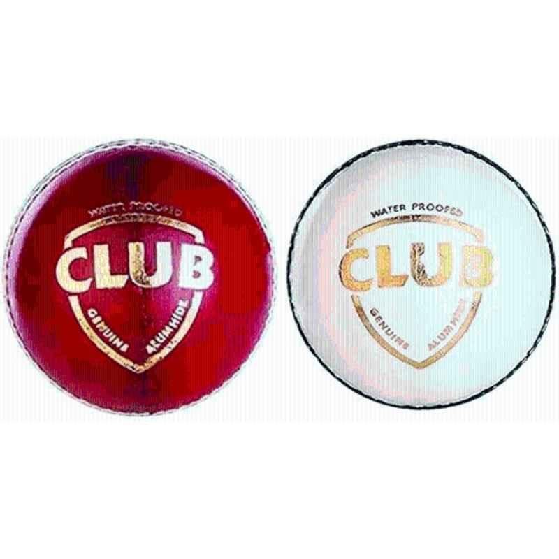 HTM Club White & Red Leather Standard Cricket Ball Club Size Practice Cricket Leather Ball (Pack of 2)