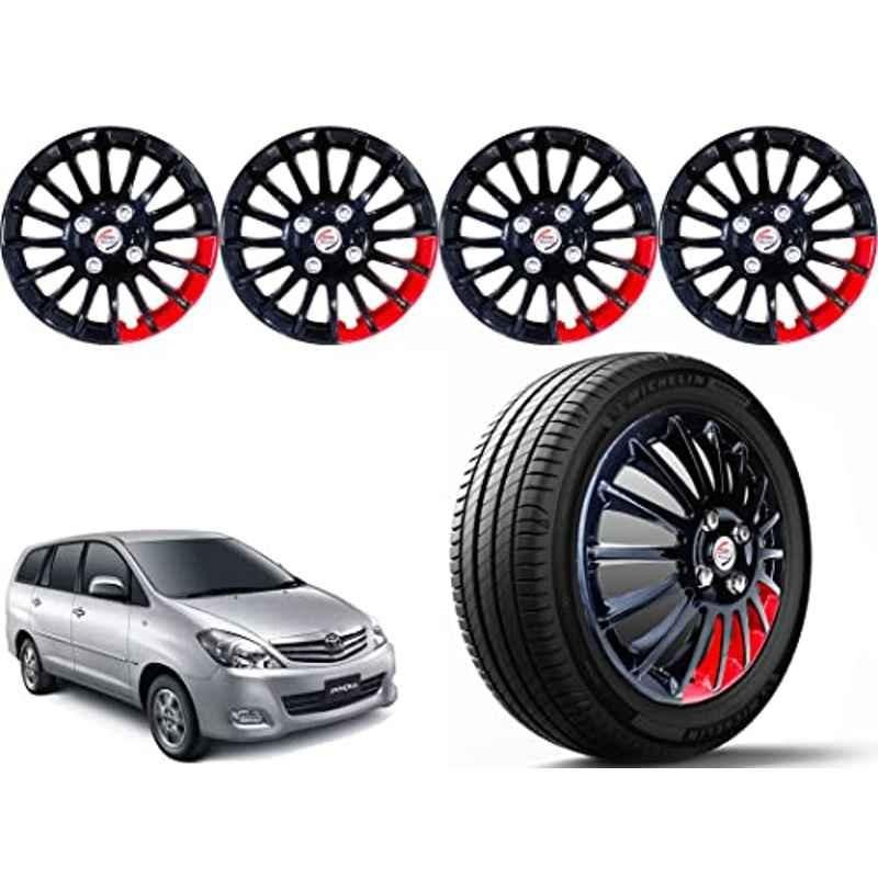 Auto Pearl 4 Pcs 15 inch ABS Black & Red Press Type Car Wheel Cover Set with Retention Ring for Toyota Innova 2005-2012