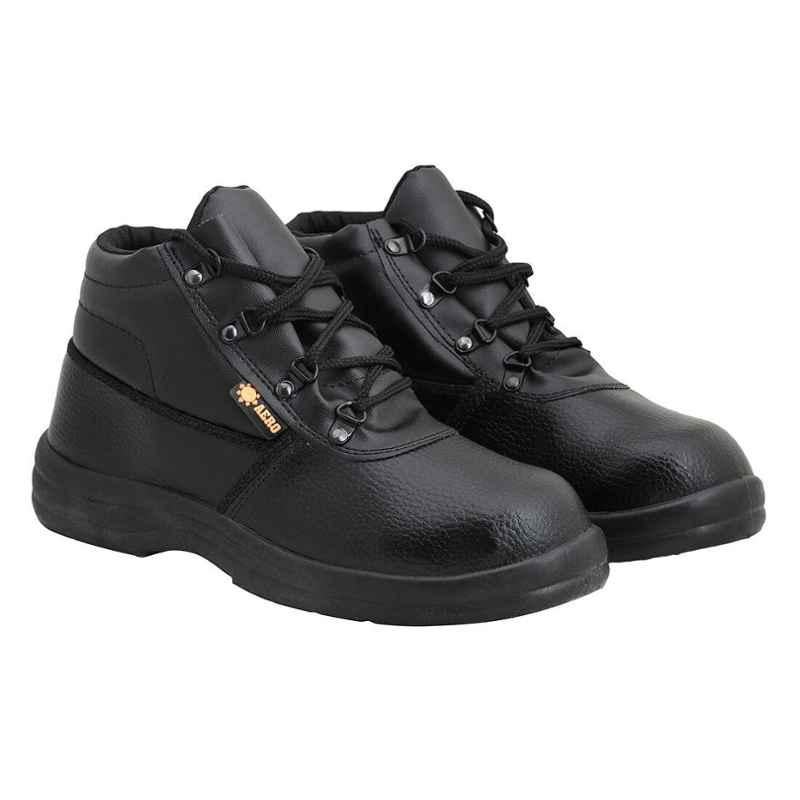 Indcare Aero Leather High Ankle Steel Toe Black Work Safety Shoes, Size: 9