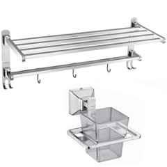 Plantex Heavy-Duty Stainless Steel Dual Folding Towel Rack/Holder/Towel Stand/304 Grade Stainless Steel Tooth Brush Holder/Tumbler Holder/Bathroom Accessories Chrome
