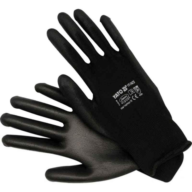 Yato 10 inch Nylon PU Coated Black Working Safety Gloves, YT-7473