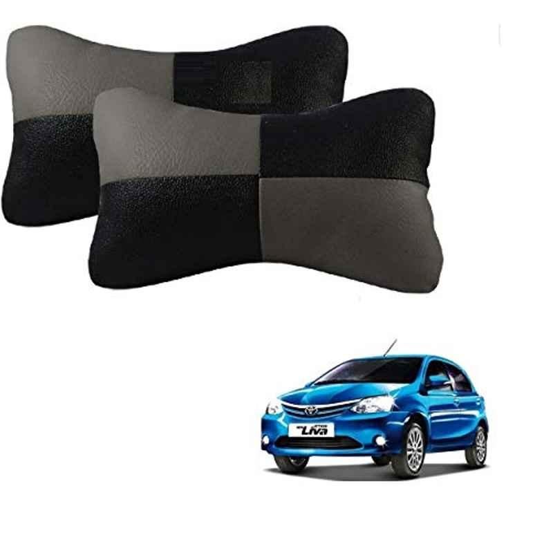 Kozdiko 2 Pcs Leather Grey & Black Neck Rest Car Cushion Pillow Set for Toyota Etios Liva
