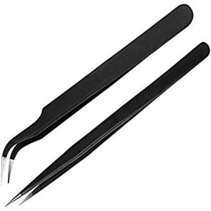 Johnson Tools 2 Pcs Stainless Steel Black Straight & Curved Tips Tweezers Set , JTKCS-2PC