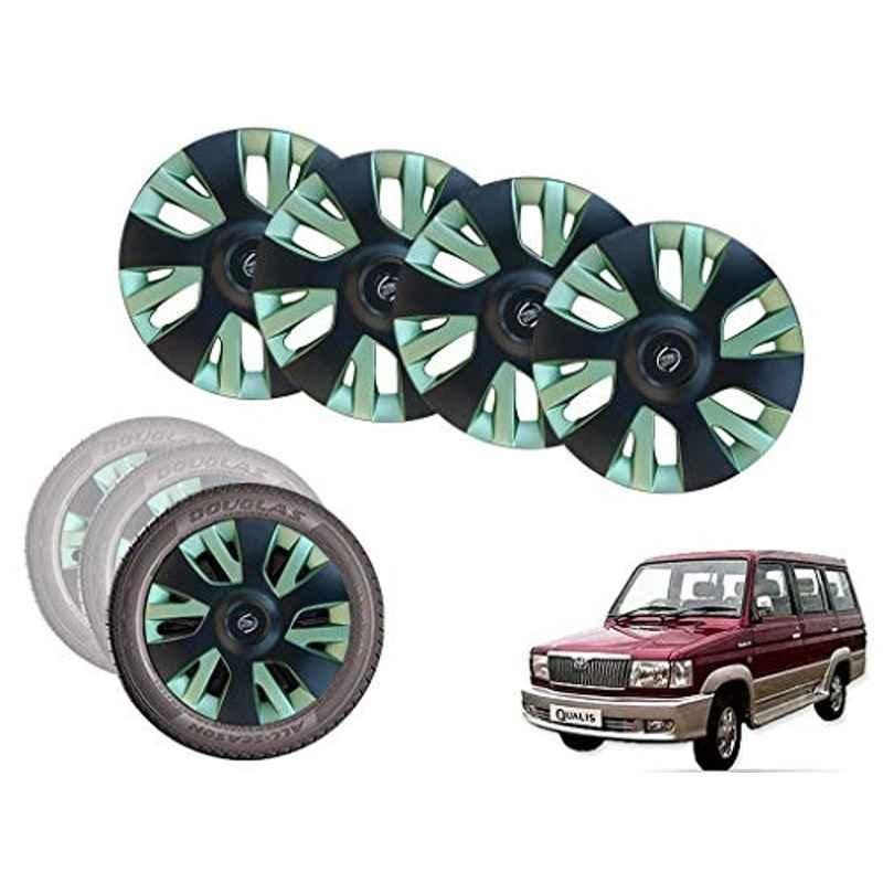 Auto Pearl 14 inch ABS Black & Green Car Hubcap Wheel Cover with Retention Ring Set for Qualis