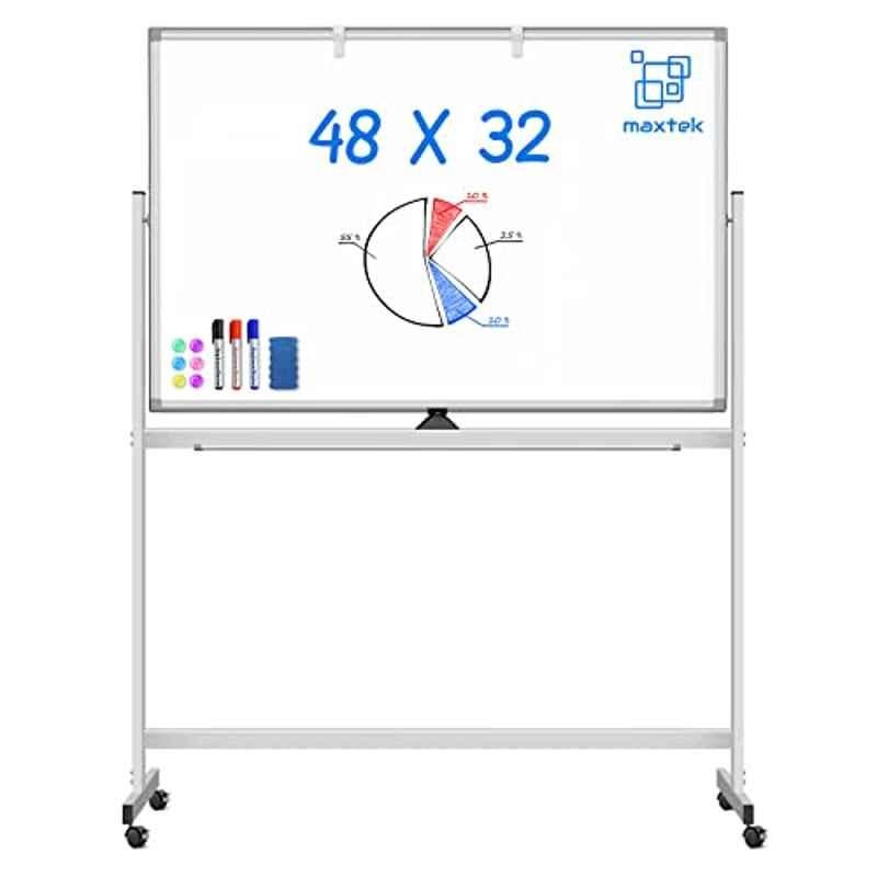 Maxtek 48x32 inch Aluminum Large Rolling Silver Double-Sided Magnetic Whiteboard on Wheels
