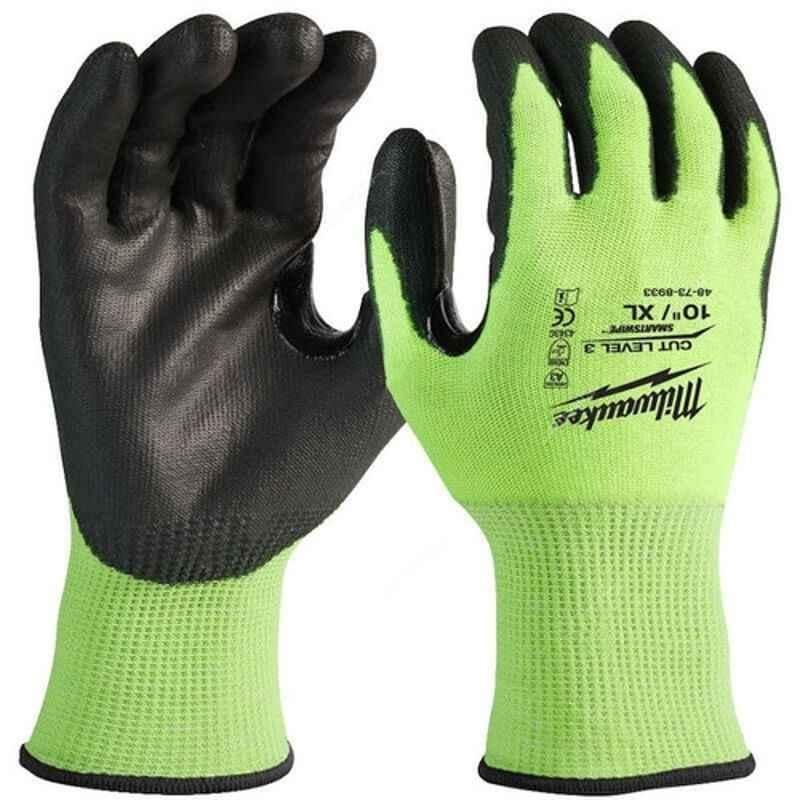 Milwaukee 4932478132 Fluorescent Black & Green Cut Level 3 High-Visibility Dipped Gloves, Size: L