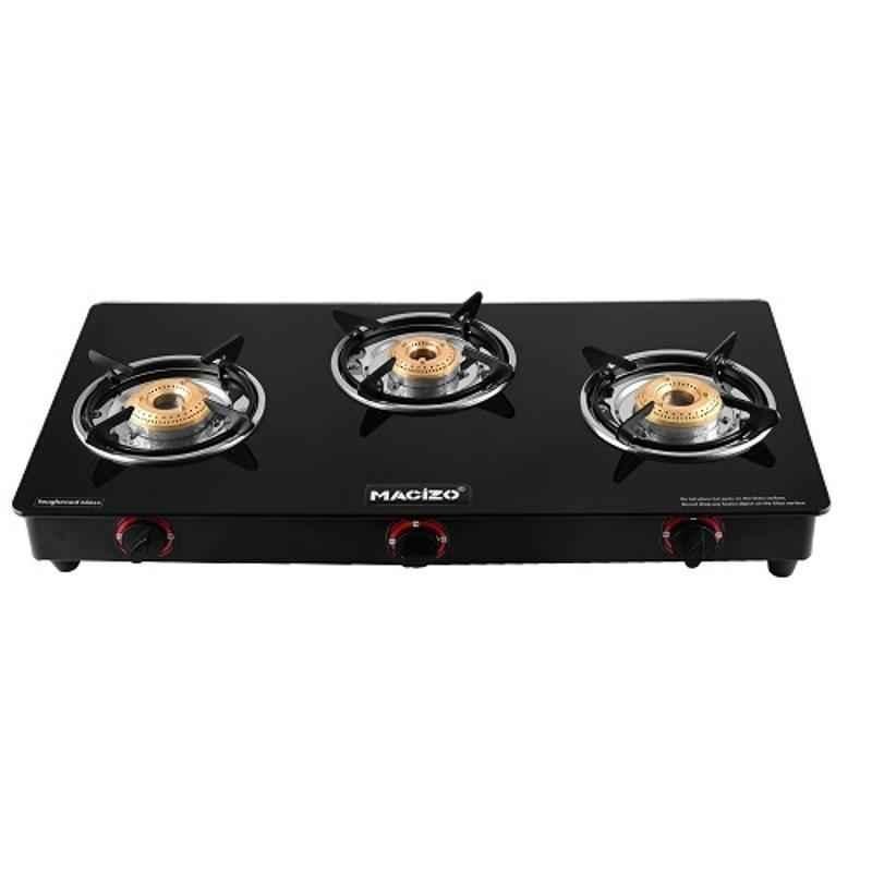 Macizo Preto Plus 3 Burner Black Manual Ignition Glass Gas Stove with 1 Year Warranty