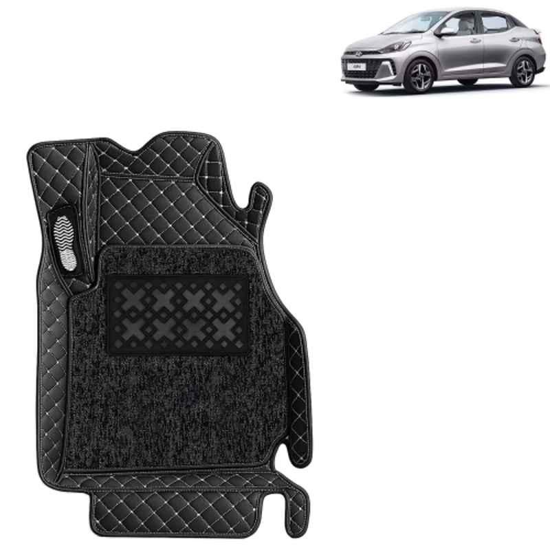 Kingsway 3 Pcs Premium 7D 100% Waterproof & Washable PU Leatherette Classic Black Car Floor Mat Set for Hyundai Aura 2023 Onwards All Model
