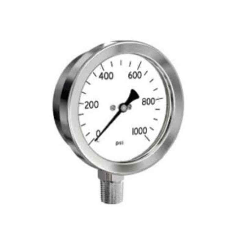 SFI 0-1000psi BSP & NPT Stainless Steel Case & Brass Part BCPM Pneumatic Pressure Guage, Dial Size: 4 inch, Thread Size: 3/8 inch