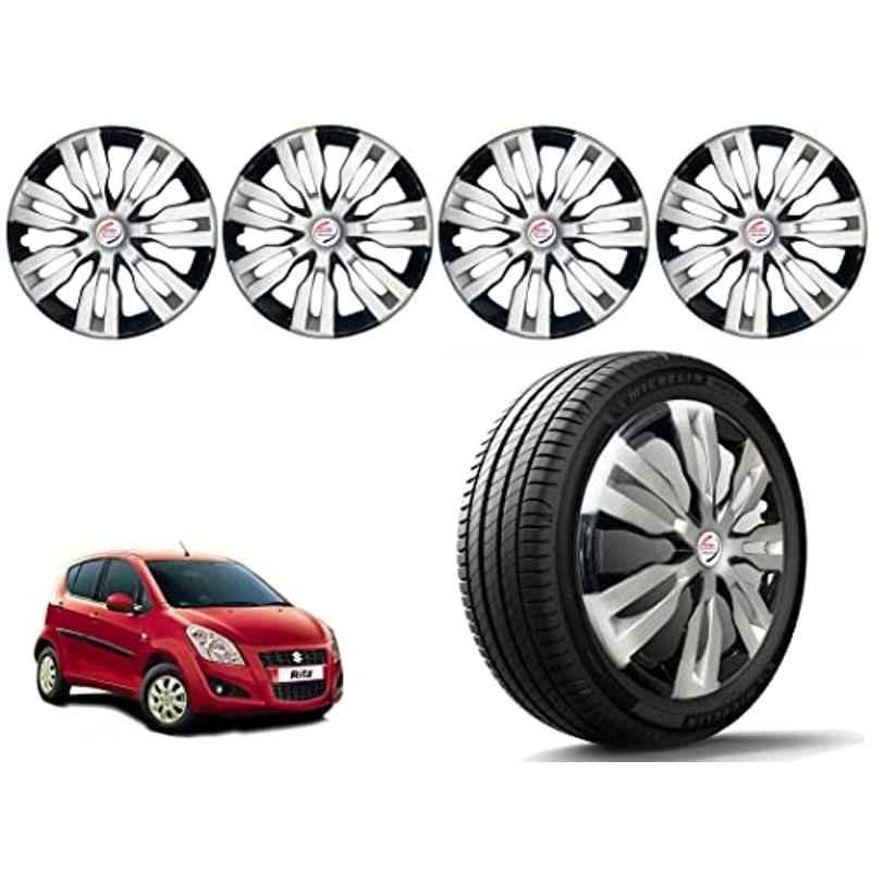 Auto Pearl 4 Pcs 14 inch Polypropylene Silver & Black Press Type Car Wheel Cover Set with Retention Ring for Maruti Suzuki Ritz Type 1 2012-2014, 14WC_Dzire2017_DC_RitzType1_2012_14