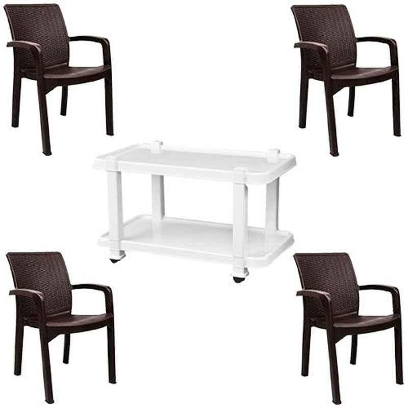 Italica 4 Pcs Polypropylene Tan Brown Luxury Arm Chair & White Table with Wheels Set, 9402-4/9509