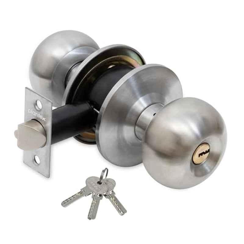 Plantex Stainless Steel Door Lock Cylindrical Lock with 3 Keys/Tubular Door Knob/Lock for Main Door/Bedroom Matte