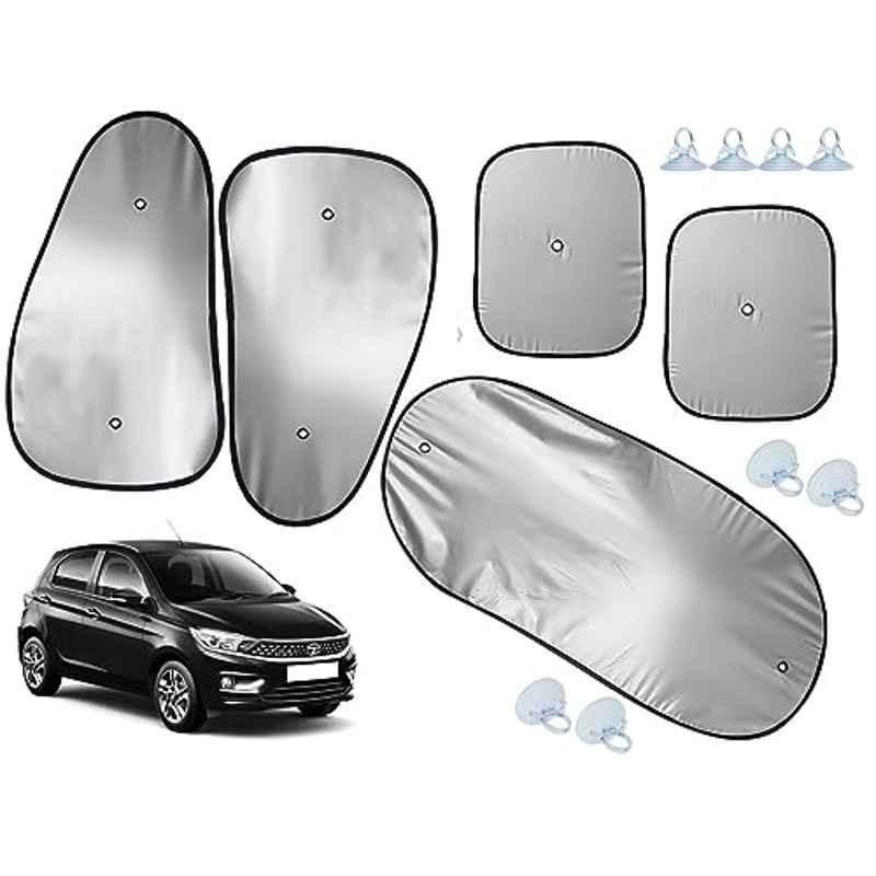 Auto Pearl 5 Pcs Polyester Black & Silver Window & Rear Sun Shade Set for Tata Tiago 2020 XT & XZ