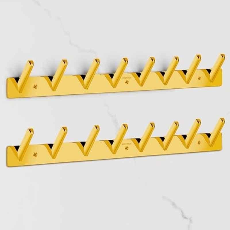 Plantex Wall Hooks for Hanging Cloth/Stainless Steel Towel Hangers/Bathroom Robe Hooks/Door Hangers/Square Wall Hook/Hook Rail for Hanging Keys 8 Hooks (Pack of 2), PVD Gold