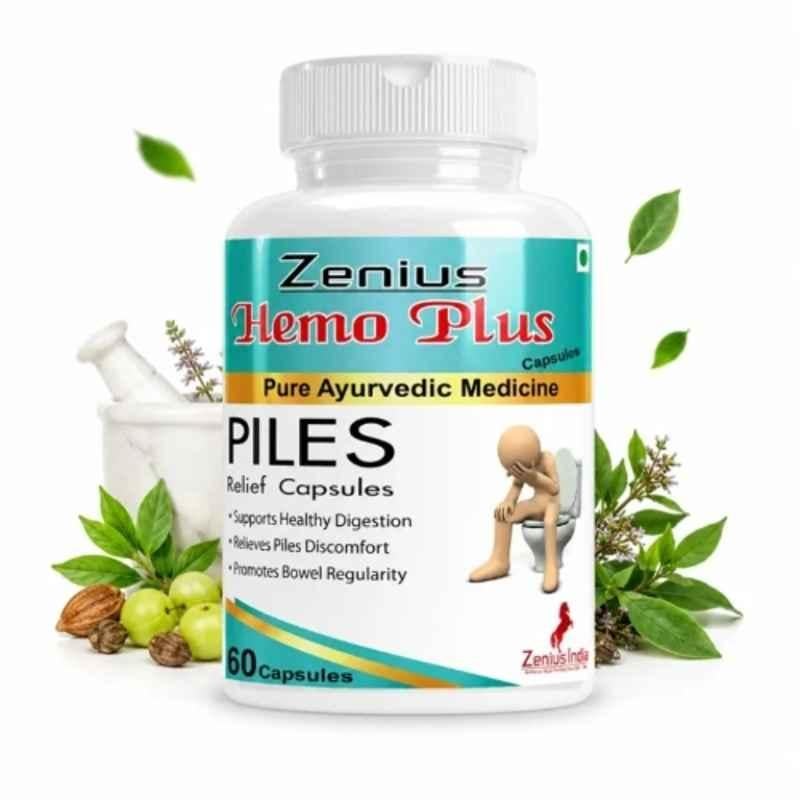 Zenius India 60 Pcs Hemo Plus Capsule with Harar, Amla, Bahera, Nagkeshar, Kattha, Inderjow & Manjeeth for Remove Piles, Reduces Bleeding & Relieves Piles Discomfort