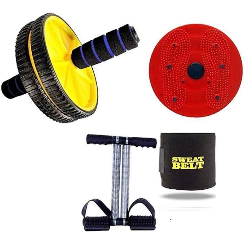 Shopeleven Stainless Steel & Plastic Tummy Trimmer, Twister, Ab Wheel Roller & Sweat Belt Combo