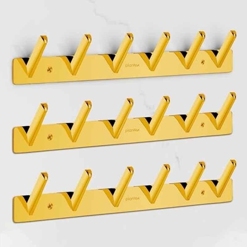 Plantex Wall Hooks for Hanging Cloth/Stainless Steel Towel Hangers/Bathroom Robe Hooks/Door Hangers/Square Wall Hook/Hook Rail for Hanging Keys 6 Hooks (Pack of 3), PVD Gold