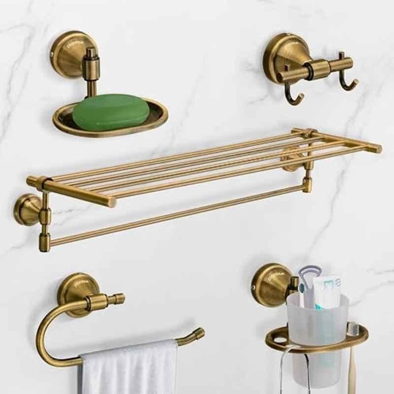 Plantex Niko 5 Pcs Stainless Steel Antique Brass Finish Bathroom Accessories Set