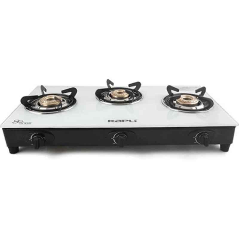 Kapli 3 Burner Mild Steel White Manual Toughened Glass Top Gas Stove, ALCKWKAP00039_W