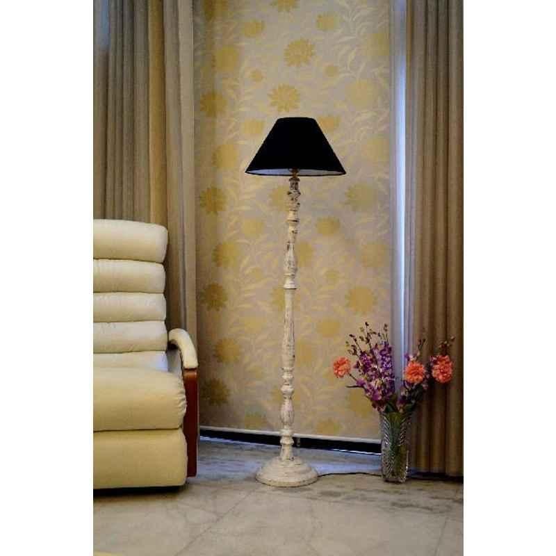Tucasa Vintage White Mango Wood Floor Lamp with Black Conical Polycotton Shade, WF-25
