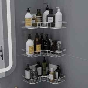 Plantex Self Adhesive Stainless Steel Bathroom Shelf for Wall/No Drill Corner Shelves for Bathroom Organiser/Wall Mounted Shelves without Drill/Corner Shelf & Rack for Kitchen-Chrome, (Pack of 3)