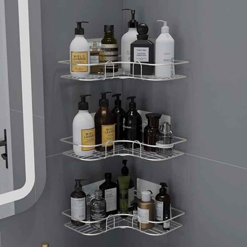 Plantex Self Adhesive Stainless Steel Bathroom Shelf for Wall/No Drill Corner Shelves for Bathroom Organiser/Wall Mounted Shelves without Drill/Corner Shelf & Rack for Kitchen-Chrome, (Pack of 3)