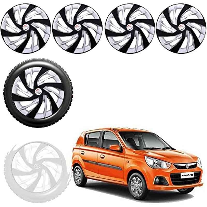 Auto Pearl 4 Pcs 13 inch Black & Silver ABS Press Type Hubcap Wheel Cover Set with Retention Ring for Maruti Suzuki Alto K10