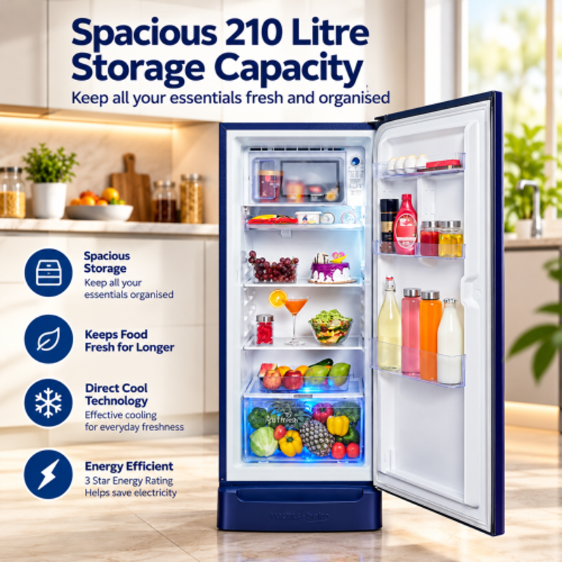 Voltas RDC245B/3W0DGE0M000UGD 210 Litre 3 Star Dahlia Blue Direct Cool Single Door Refrigerator, 1101601