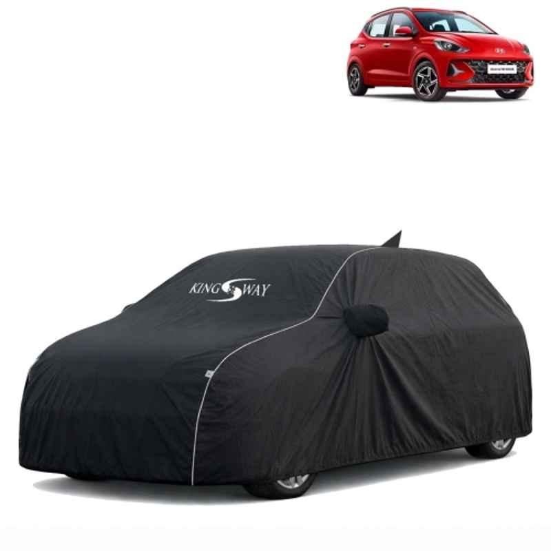 Kingsway Super Waterproof All Weather Protection Polypropylene Black Car Cover for Hyundai Grand I10 Nios 2023 Onwards with Silver Piping, Mirror & Antenna Pockets