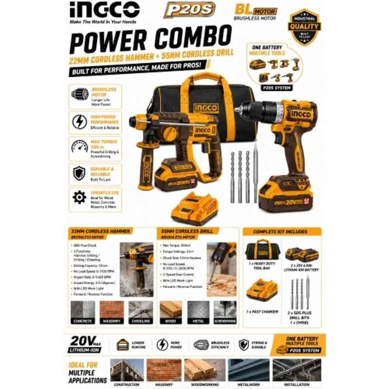Ingco 13mm 20V 55Nm Cordless Impact Drill & 1200W 22mm Hammer Combo